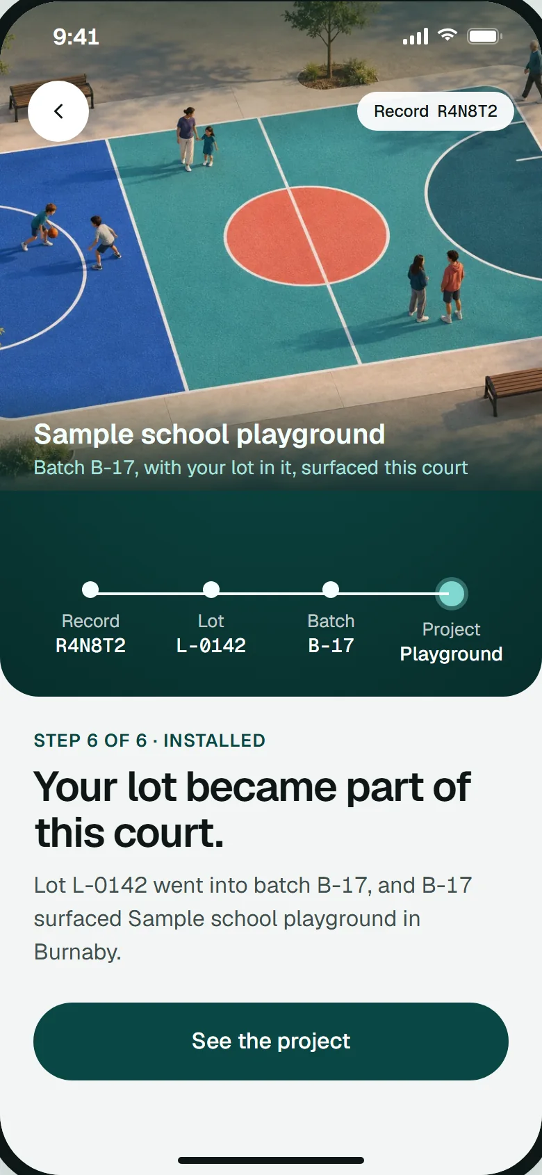 Installed screen: the batch that contains your lot surfaced a sample school playground.