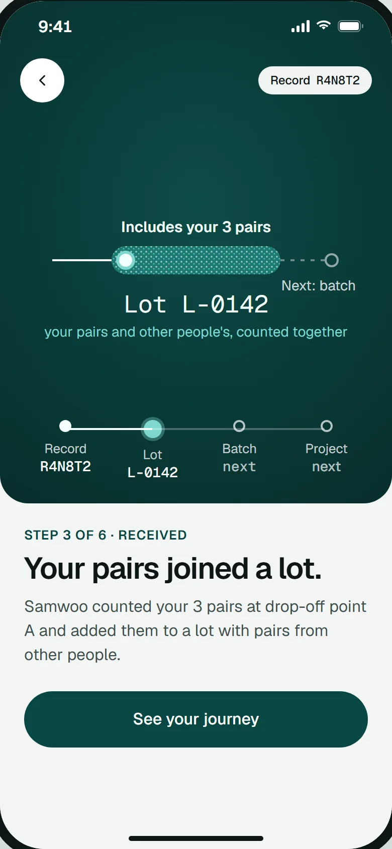 Received screen: your 3 pairs joining collection lot L-0142 with other people’s pairs.