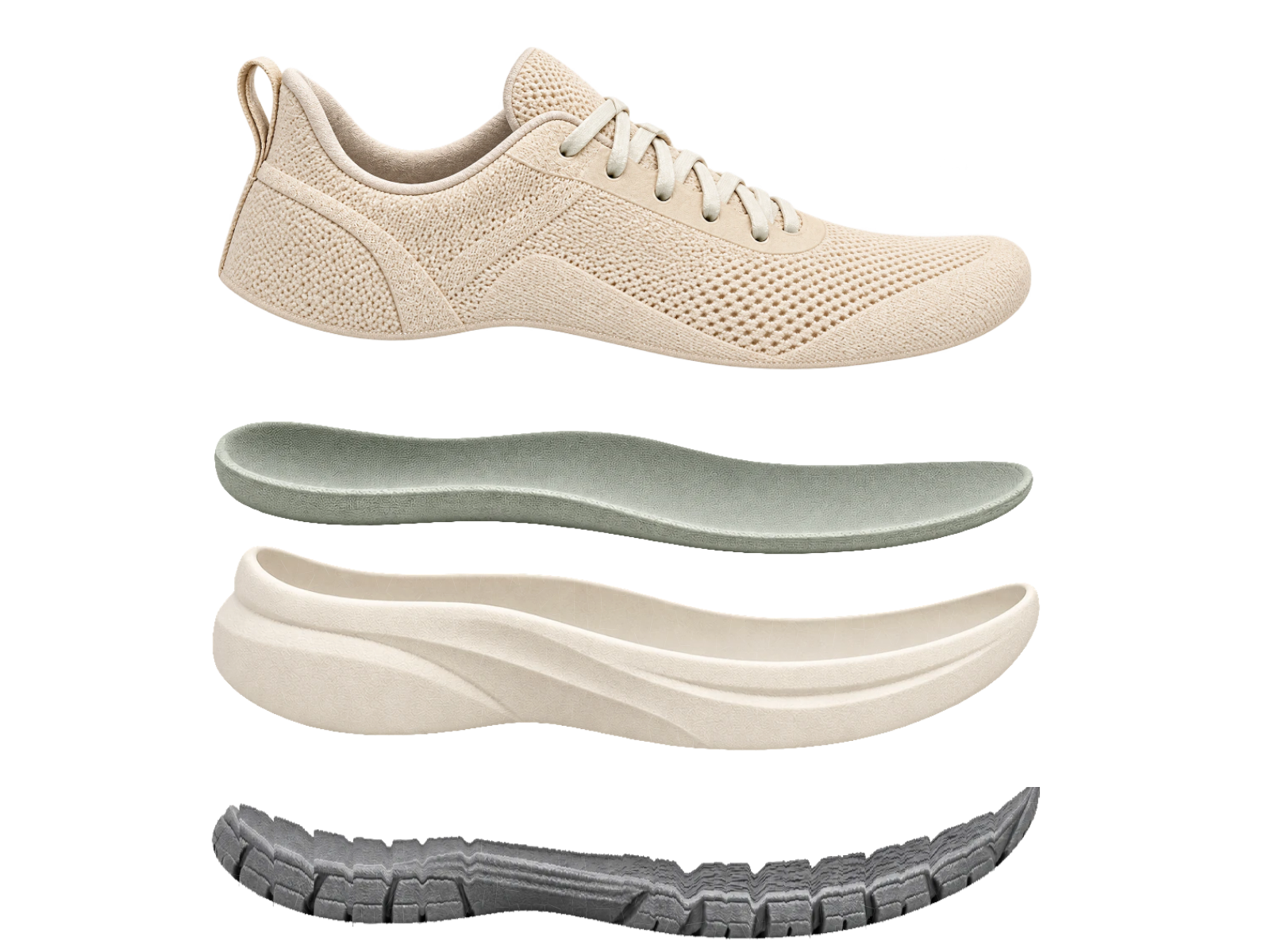 A sports shoe separated into upper, insole, EVA midsole and rubber outsole.