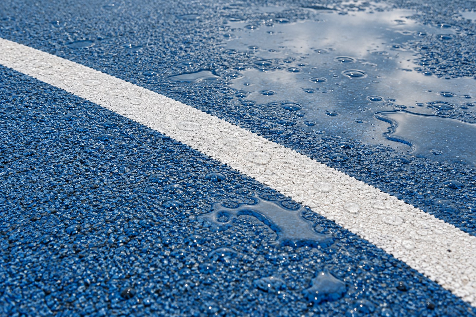 Rain drops and a shallow puddle on a blue rubber sports surface with a white line.