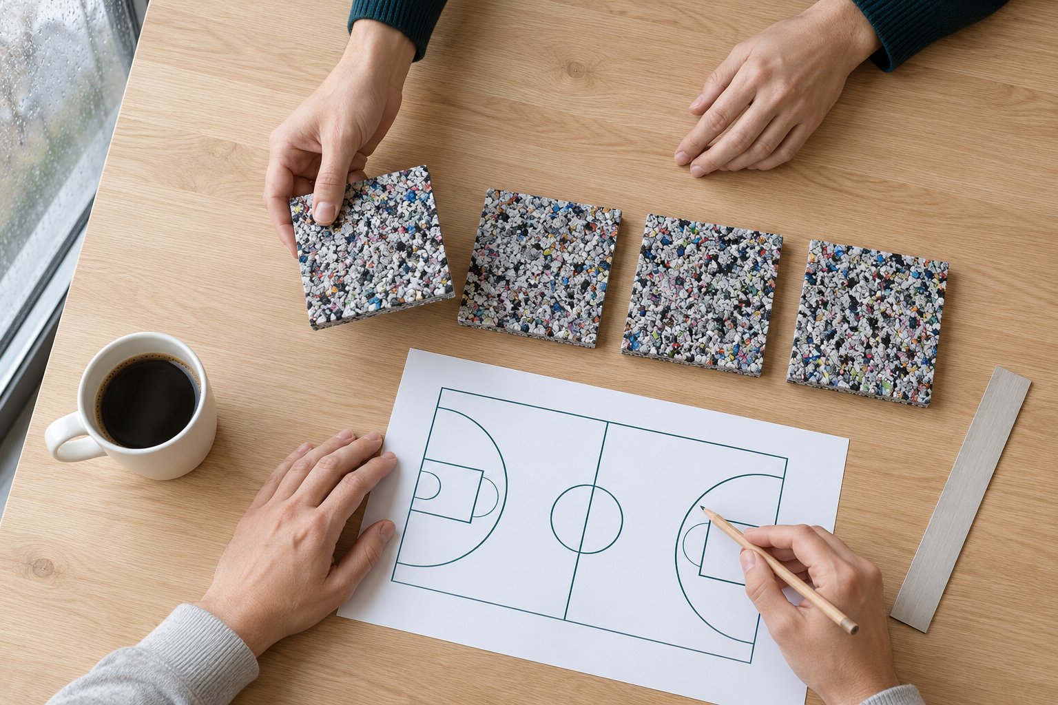 Recycled-granule sample tiles and a basketball court plan on a meeting table, with two people's hands.