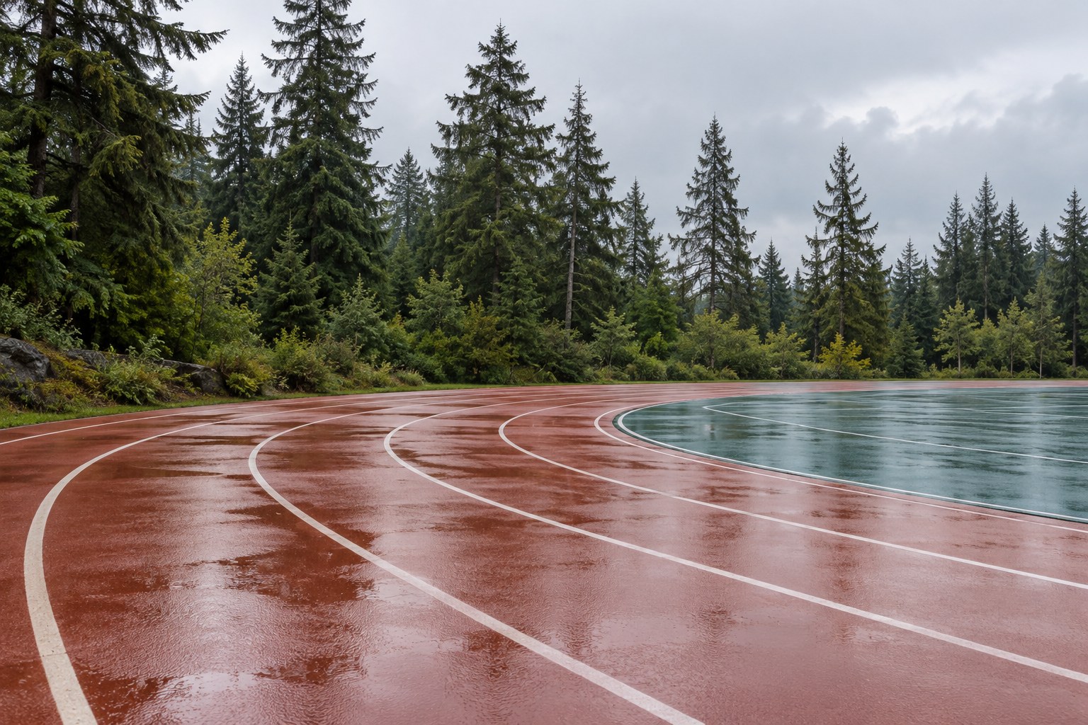 A rain-wet running track curving in front of tall evergreens under an overcast sky.